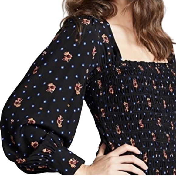 NWT Free People Black Smocked Floral Mini Dress Size Small S Long Sleeve - Picture 4 of 12